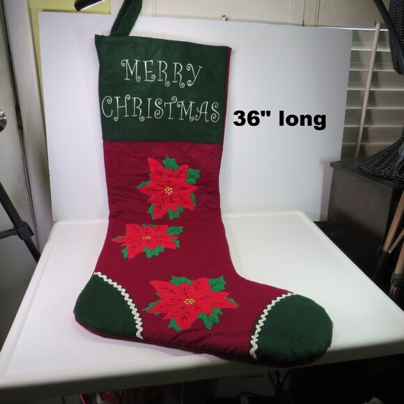 Giant Poinsettia Stocking vintage traditional embroidered 36 in Long plus - Picture 1 of 8